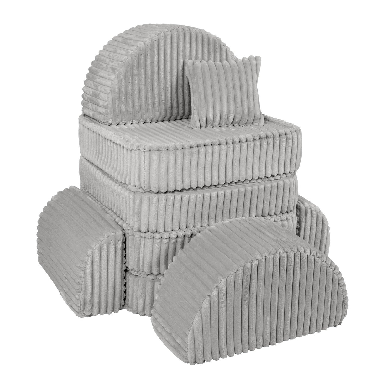 11. Moon grey modular kids sofa with ribbed texture, stacked in a compact arrangement with cushions