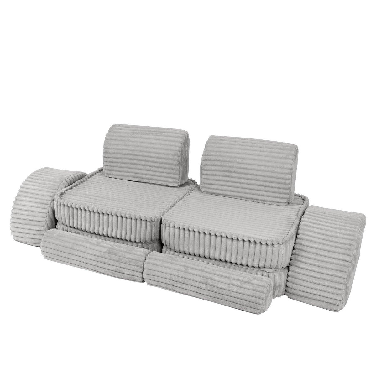 6. Compact kids sofa in moon grey corduroy, featuring ribbed texture and multiple cushions, arranged in a stacked configuration
