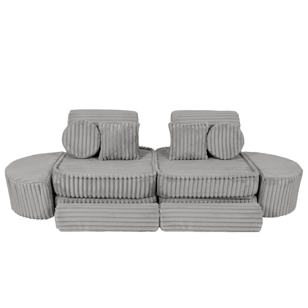 7. Moon grey kids sofa with ribbed corduroy, shown in a compact, symmetrical setup with cushions and rounded armrests