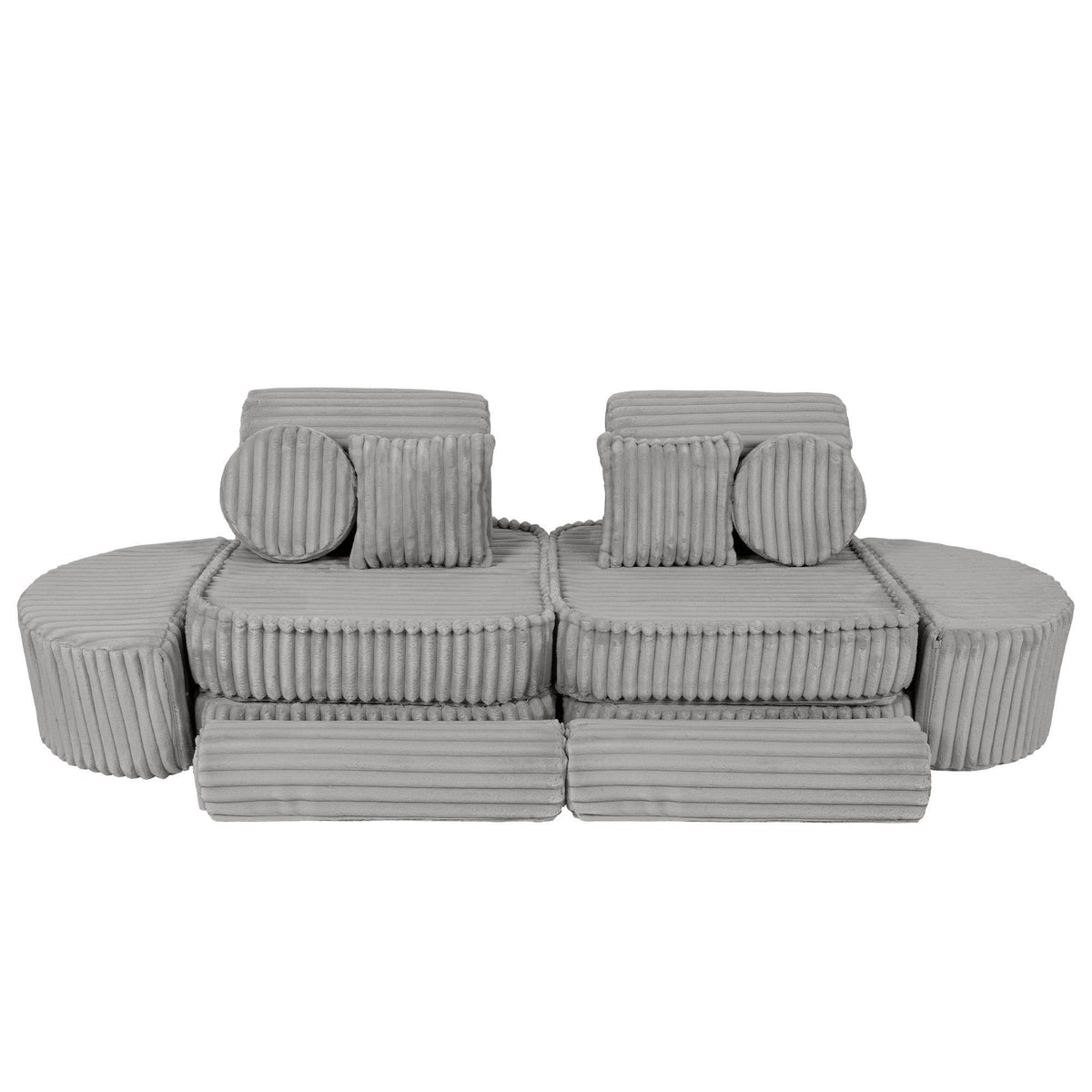 7. Moon grey kids sofa with ribbed corduroy, shown in a compact, symmetrical setup with cushions and rounded armrests