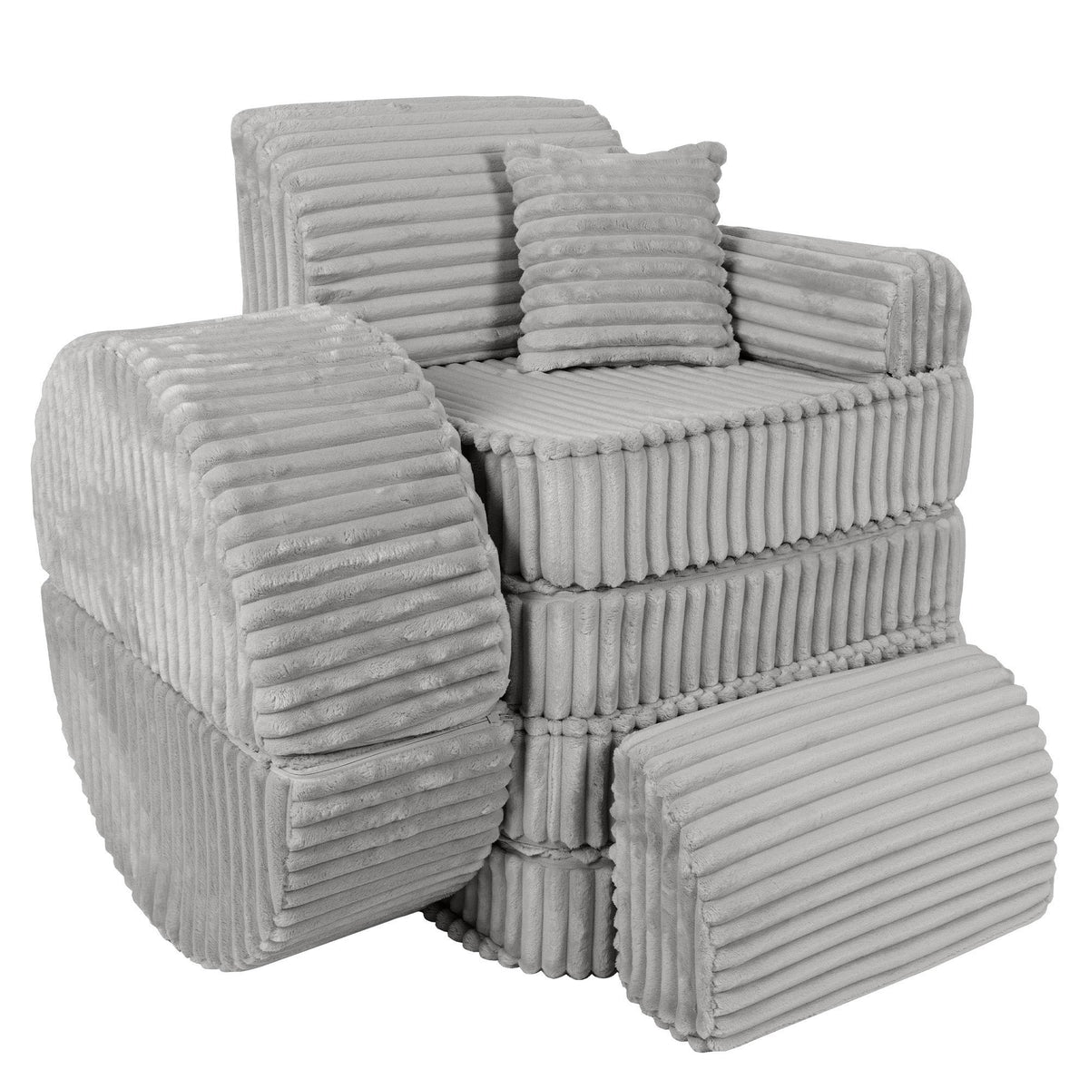 13. Moon grey kids sofa with ribbed corduroy, displayed in a stacked, compact configuration with cushions