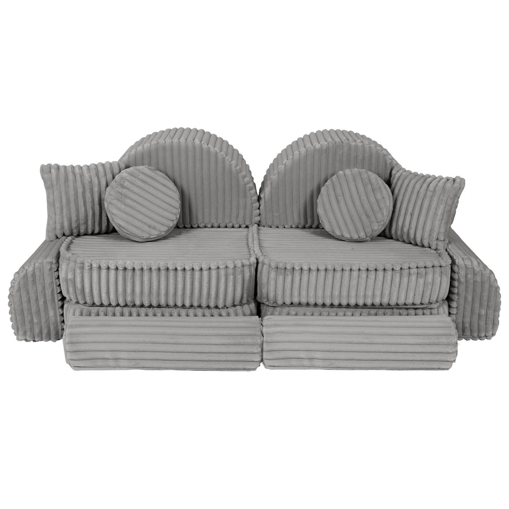 9. Moon grey kids sofa with ribbed corduroy texture, arranged in a compact, symmetrical layout with cushions