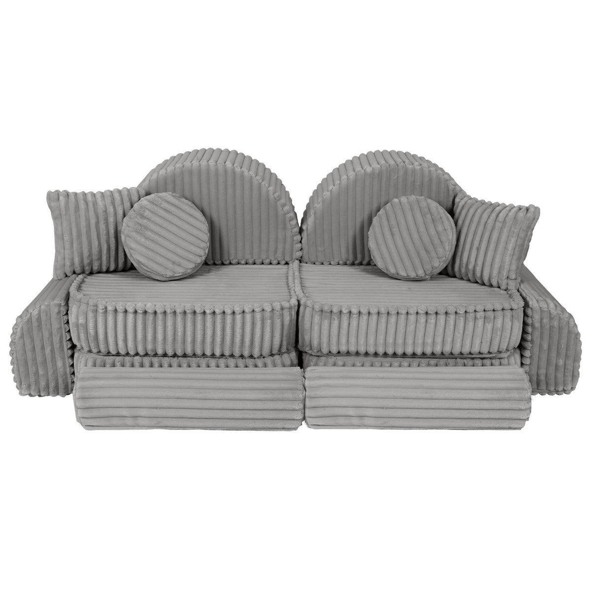 9. Moon grey kids sofa with ribbed corduroy texture, arranged in a compact, symmetrical layout with cushions