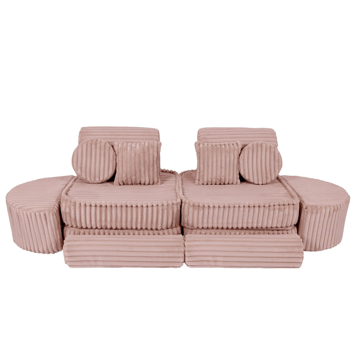 13. Medium modular kids sofa in churros pink with ribbed corduroy fabric, featuring two back cushions and circular armrests, arranged symmetrically.