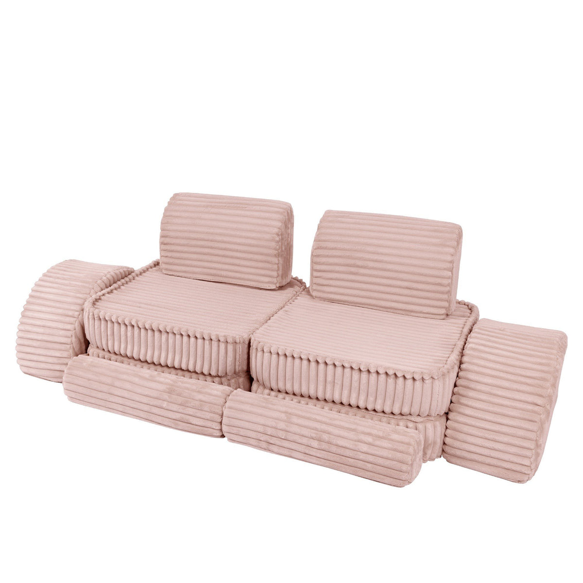 8. Medium modular kids sofa in churros pink with ribbed corduroy fabric, arranged in a low, extended layout with cushions.