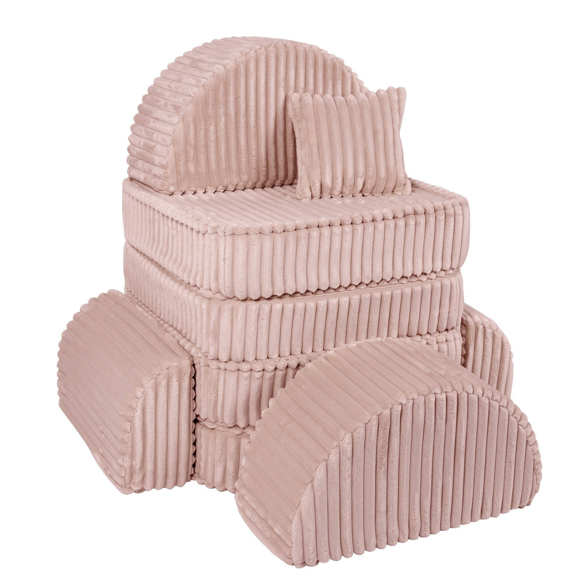 3. Medium modular kids sofa in churros pink with ribbed corduroy fabric, stacked in a vertical arrangement with a square cushion on top.