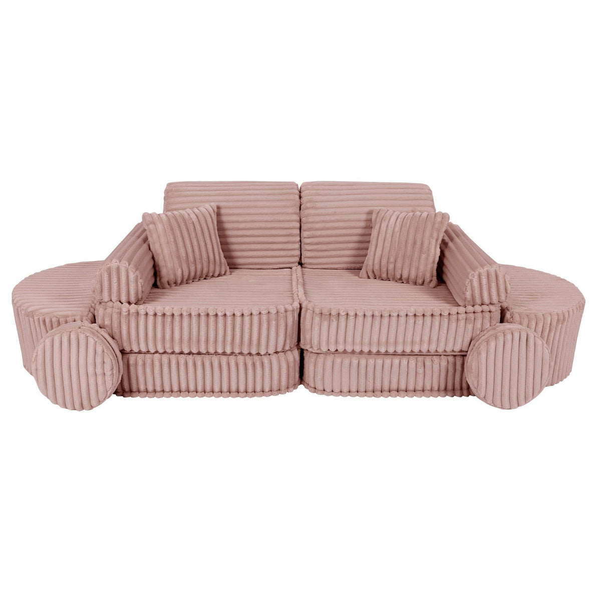 2. Medium modular kids sofa in churros pink with ribbed corduroy fabric, showcasing two back cushions and circular armrests, arranged in a symmetrical design.