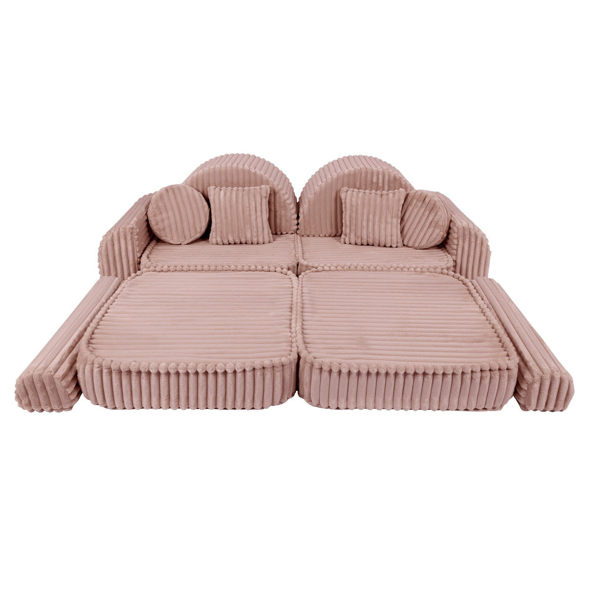 11. Medium modular kids sofa in churros pink with ribbed corduroy fabric, shown in a flat, extended layout with circular cushions.