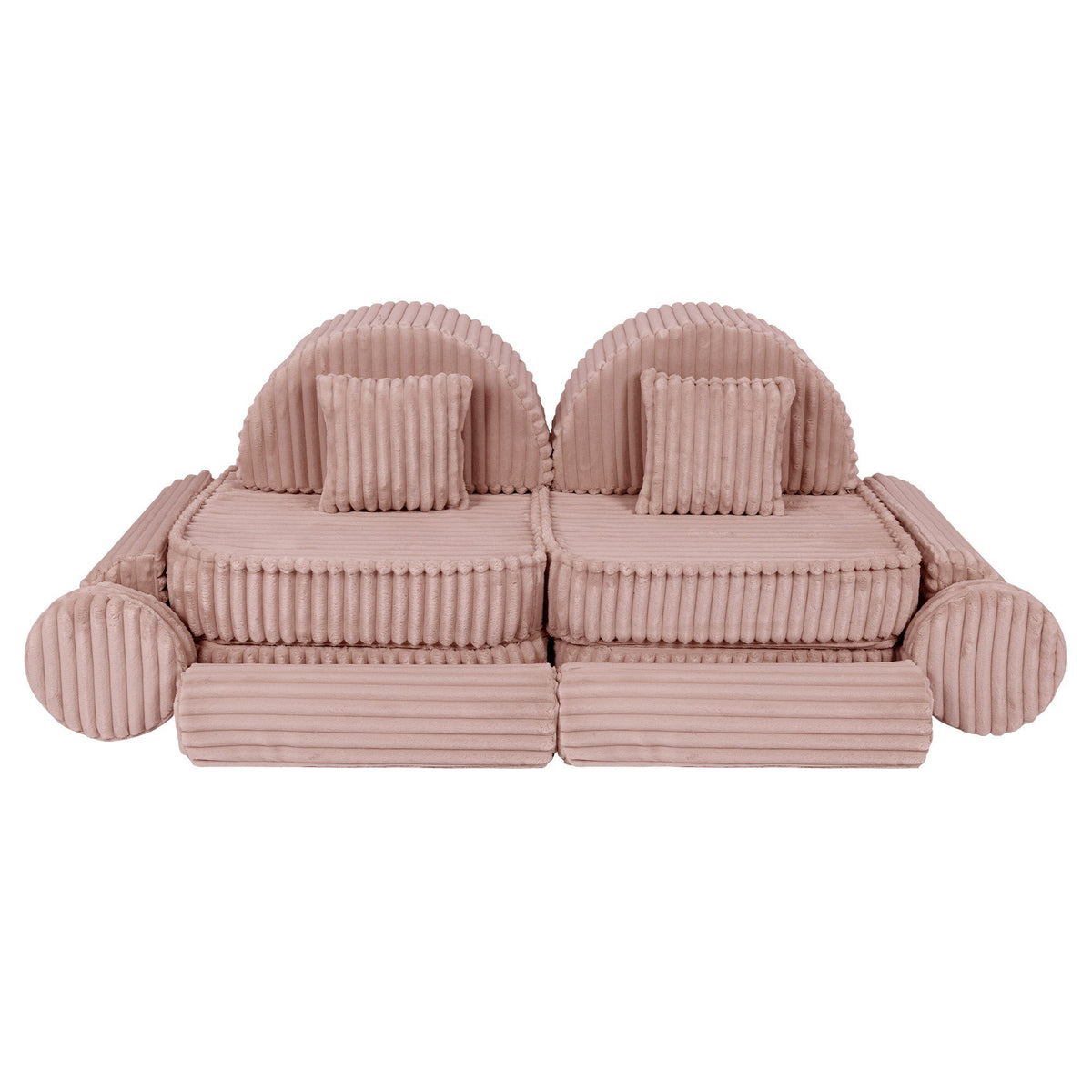 10. Medium modular kids sofa in churros pink with ribbed corduroy fabric, featuring two back cushions and circular armrests, arranged symmetrically.