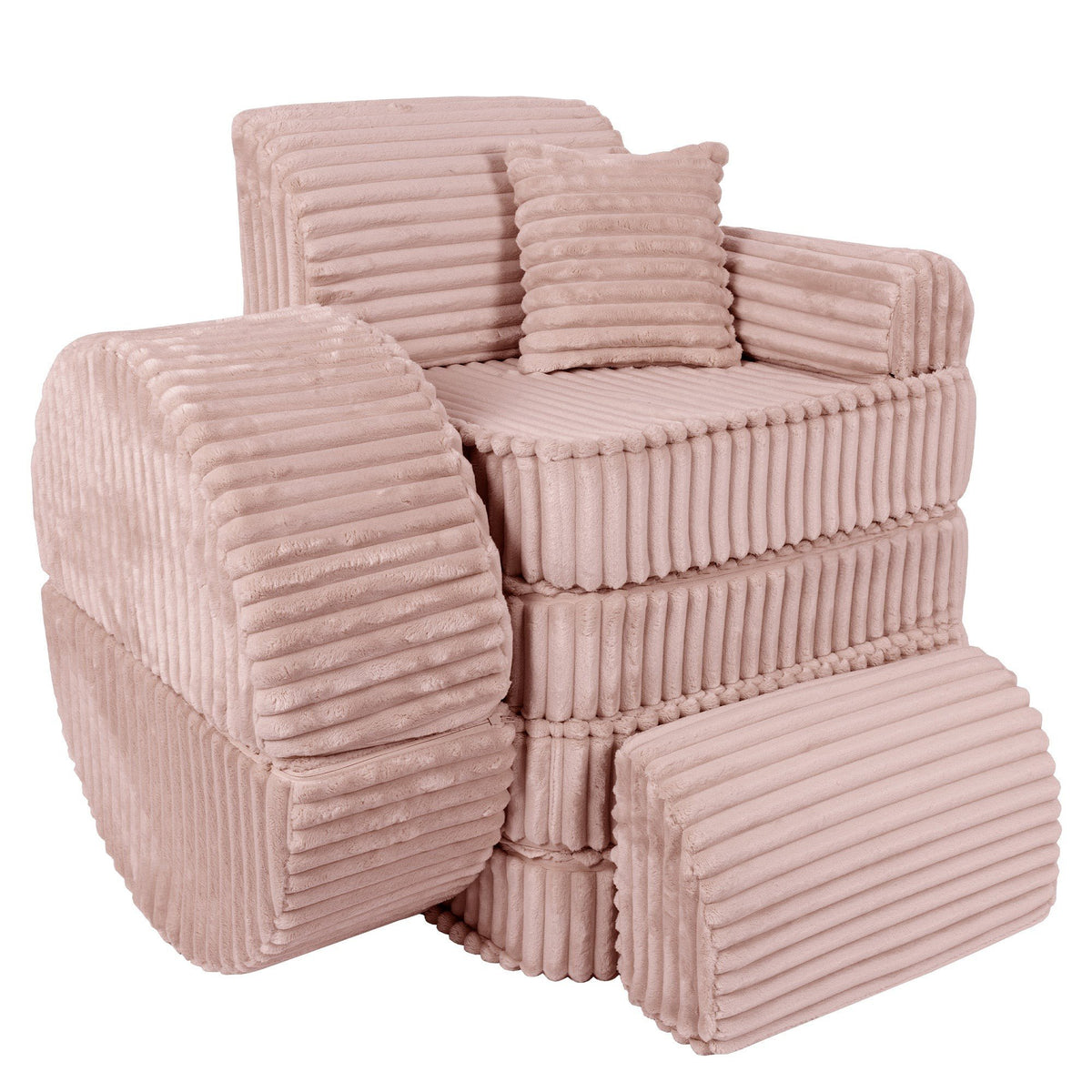 7. Medium modular kids sofa in churros pink with ribbed corduroy fabric, stacked in a compact, vertical arrangement with a cushion on top.