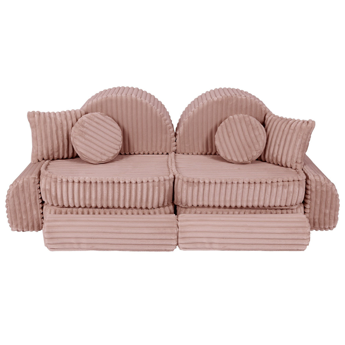 12. Medium modular kids sofa in churros pink with ribbed corduroy fabric, featuring two back cushions and circular armrests, arranged in a compact design.