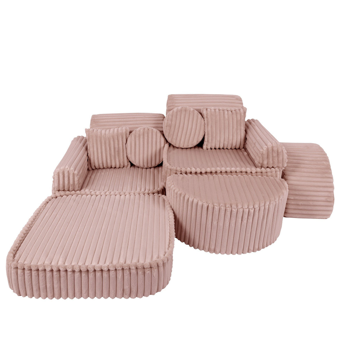 9. Medium modular kids sofa in churros pink with ribbed corduroy fabric, shown in a flat, extended configuration with cushions.