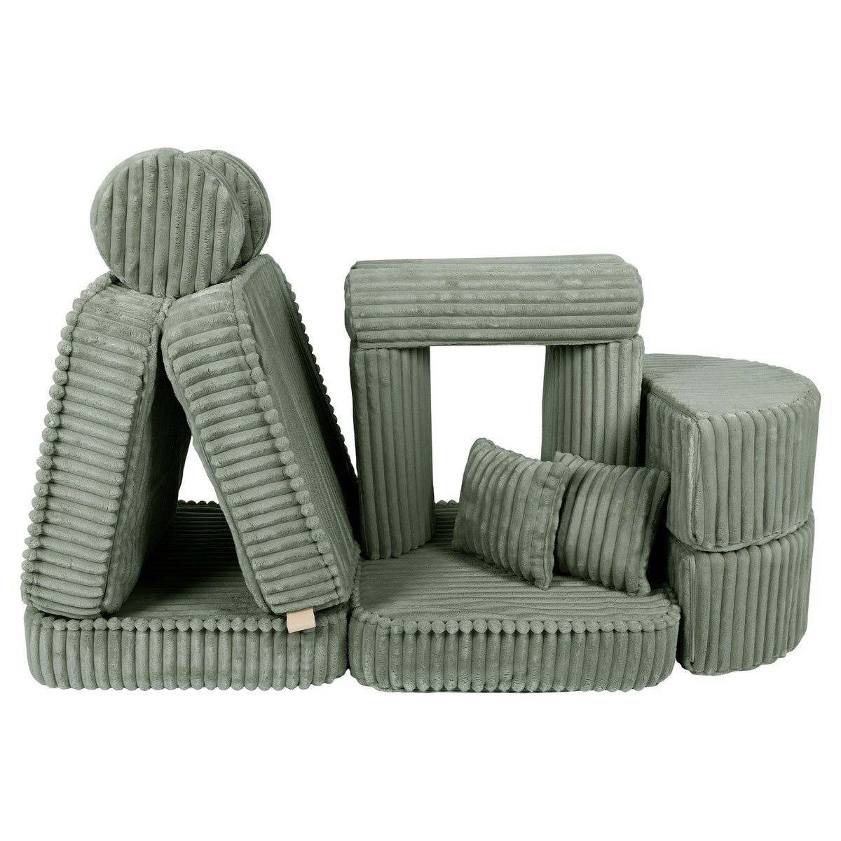 2. Medium modular kids sofa in sage green corduroy with ribbed texture, creatively stacked in a vertical arrangement with cushions.