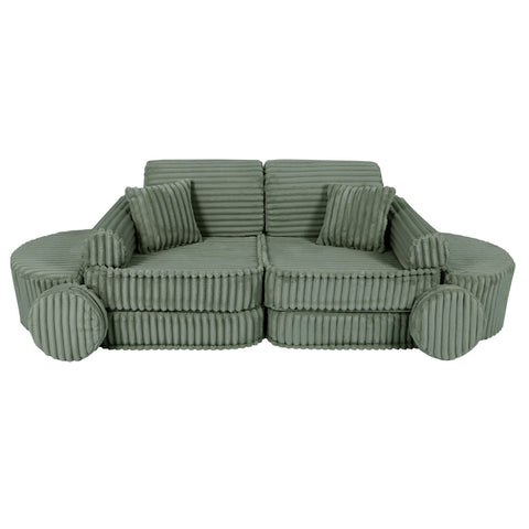 2. Medium modular kids sofa in sage green corduroy with ribbed texture, featuring two seats and multiple cushions, shown in a symmetrical layout.