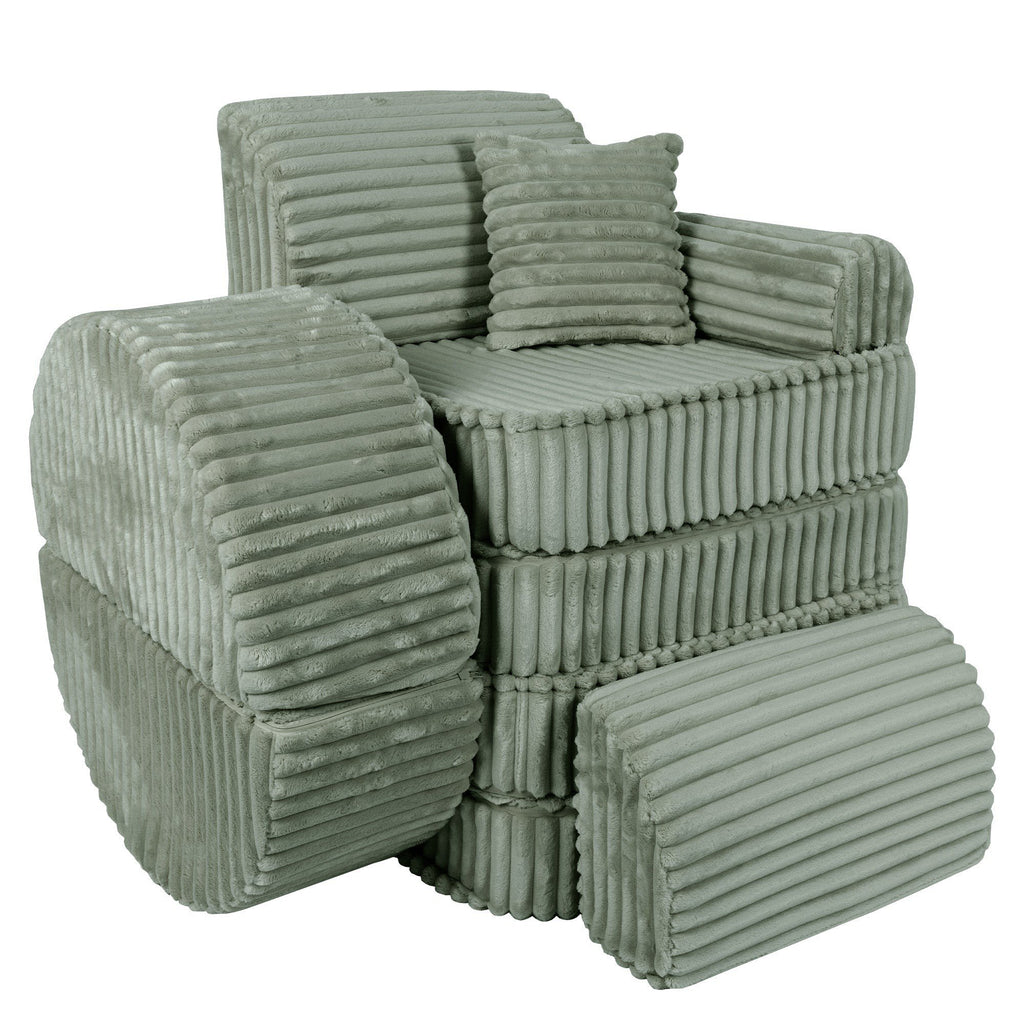2. Medium modular kids sofa in sage green corduroy stacked in a vertical arrangement, showcasing its versatility and compact design.