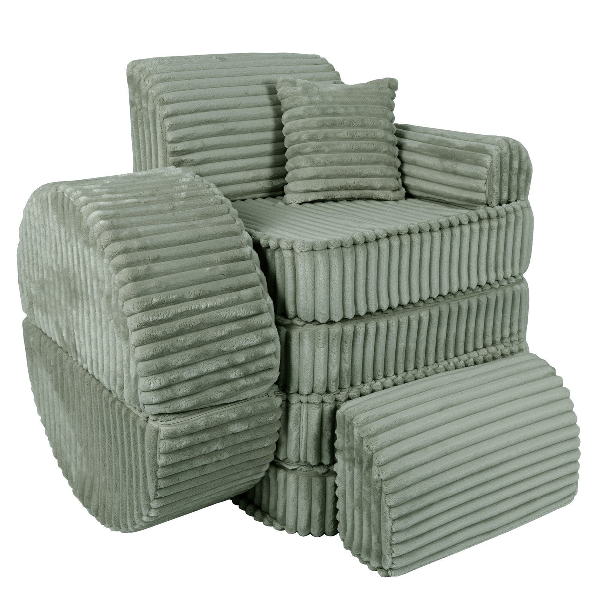 2. Medium modular kids sofa in sage green corduroy stacked in a vertical arrangement, showcasing its versatility and compact design.