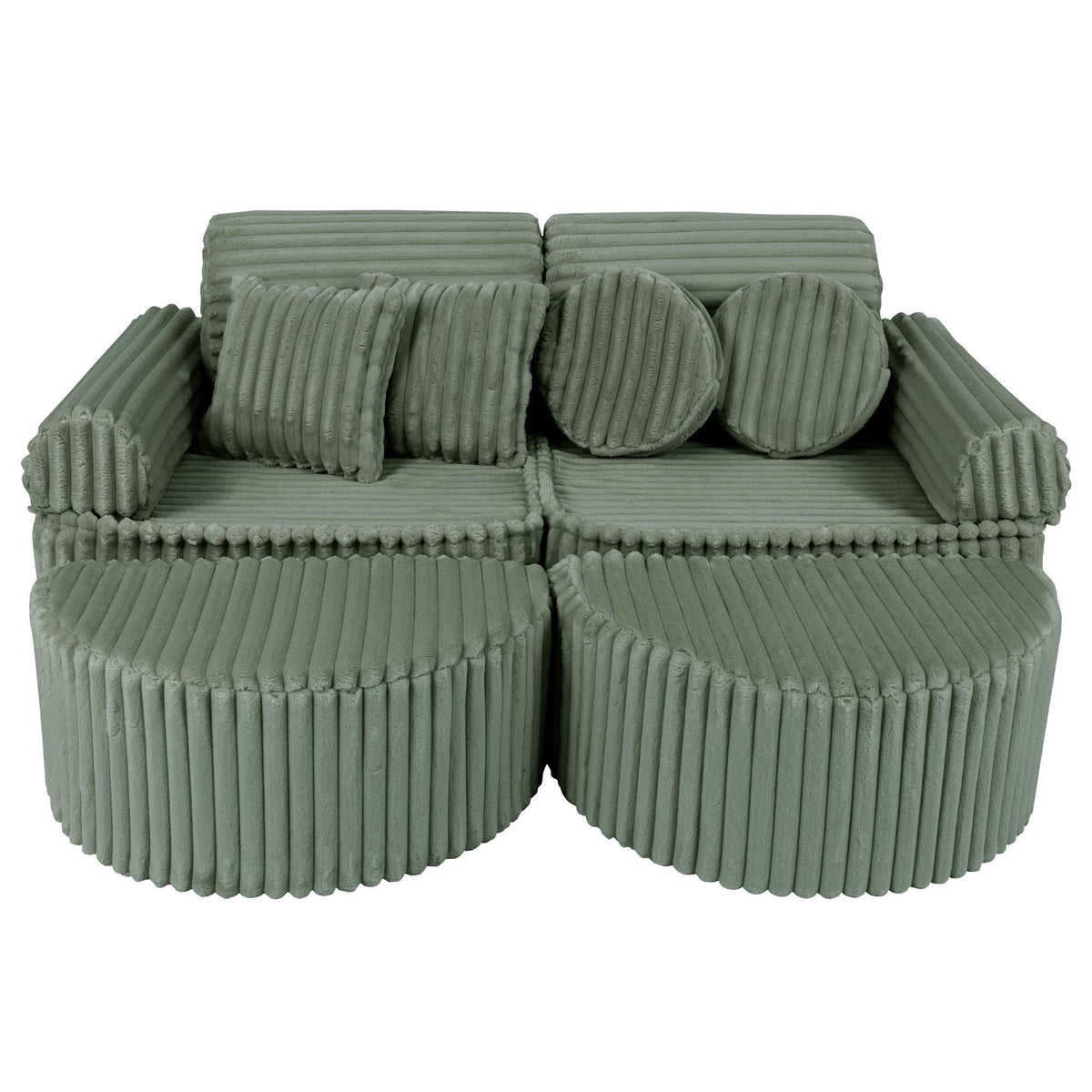 1. Medium modular kids sofa in sage green corduroy with ribbed texture, featuring two seats and multiple cushions, shown in a compact configuration.