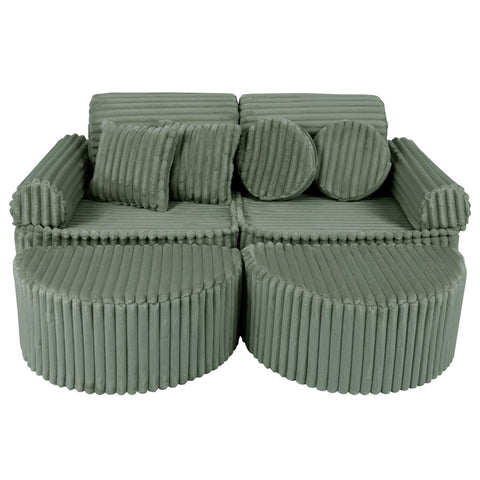 1. Medium modular kids sofa in sage green corduroy with ribbed texture, featuring two seats and multiple cushions, shown in a compact configuration.
