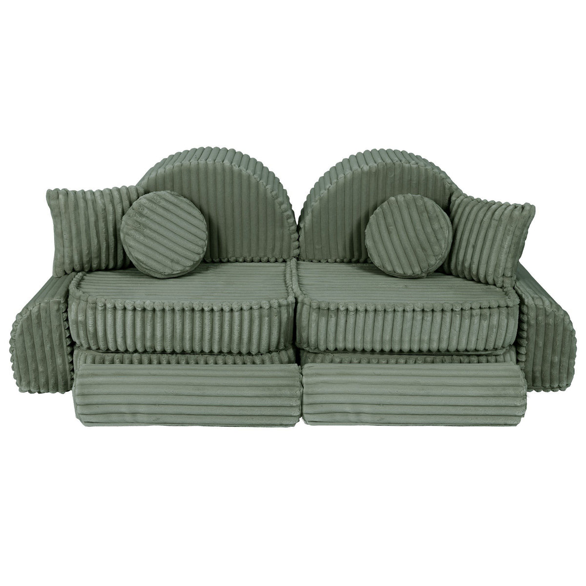 2. Medium modular kids sofa in sage green corduroy with ribbed texture, featuring two seats and circular cushions, arranged in a playful design.