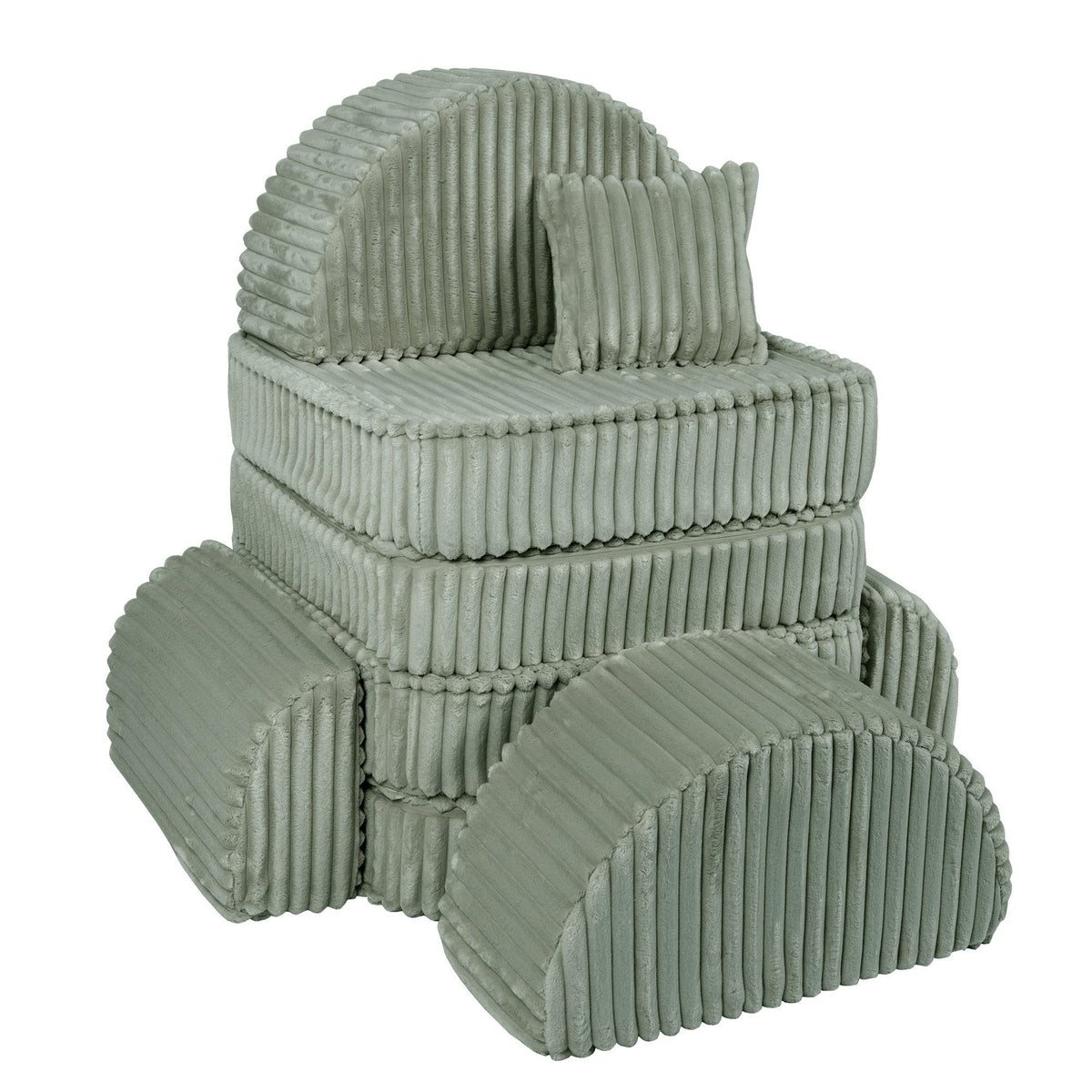 2. Medium modular kids sofa in sage green corduroy with ribbed texture, stacked in a creative vertical configuration with cushions.