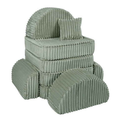 2. Medium modular kids sofa in sage green corduroy with ribbed texture, stacked in a creative vertical configuration with cushions.