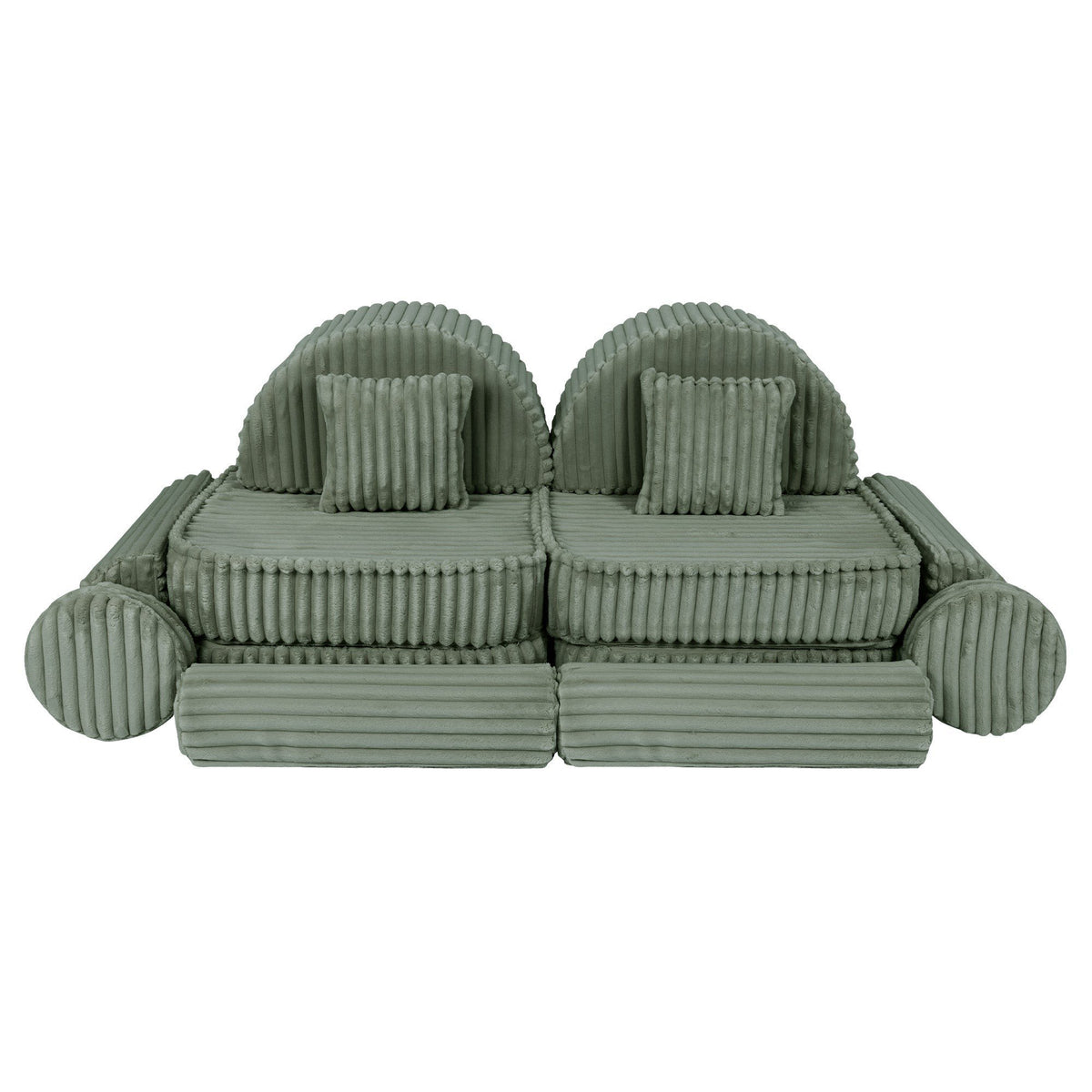 2. Medium modular kids sofa in sage green corduroy with ribbed texture, featuring two seats and circular cushions, arranged in a symmetrical design.