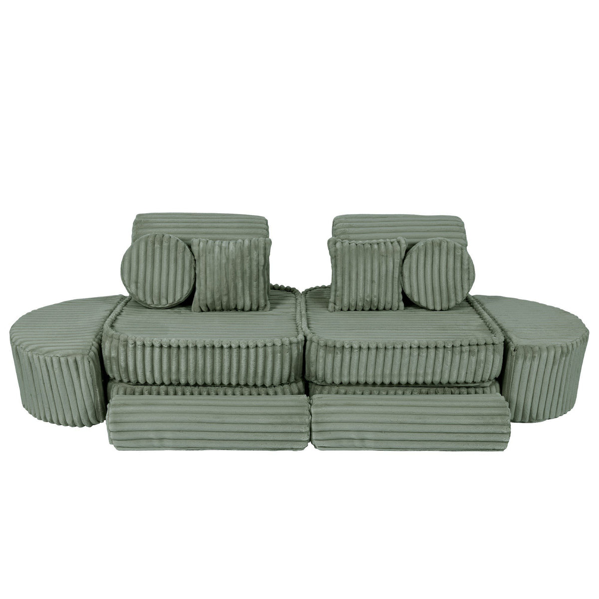 2. Medium modular kids sofa in sage green corduroy with ribbed texture, featuring two seats and circular cushions, arranged in a compact design.
