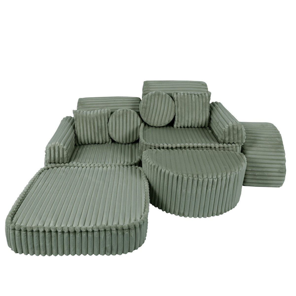 2. Medium modular kids sofa in sage green corduroy with ribbed texture, shown in a versatile layout with extended seating and cushions.