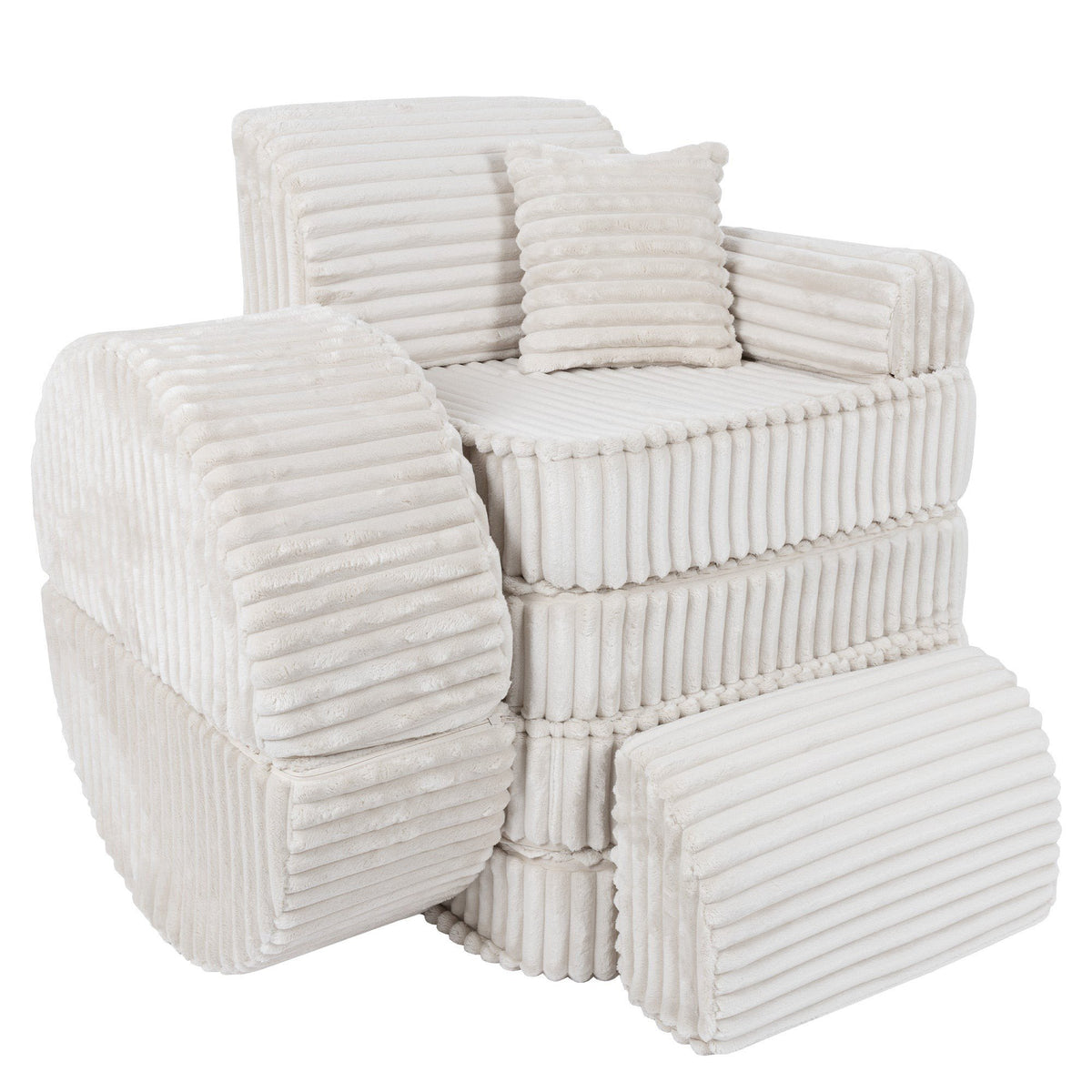 13. Stackable medium kids sofa in churros white, showcasing ribbed corduroy fabric and multiple cushions, arranged in a vertical stack.