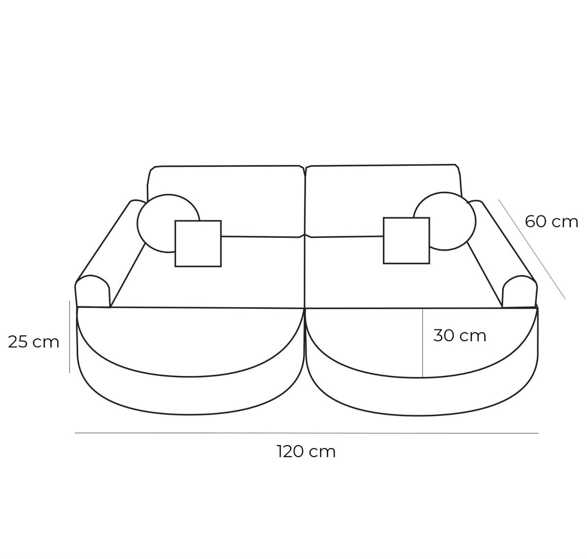 10. Size chart for medium kids sofa in churros white, showing dimensions in centimeters for width, height, and depth.