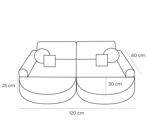 5. Size chart for medium modular kids sofa showing dimensions in centimeters, including width, height, and depth.