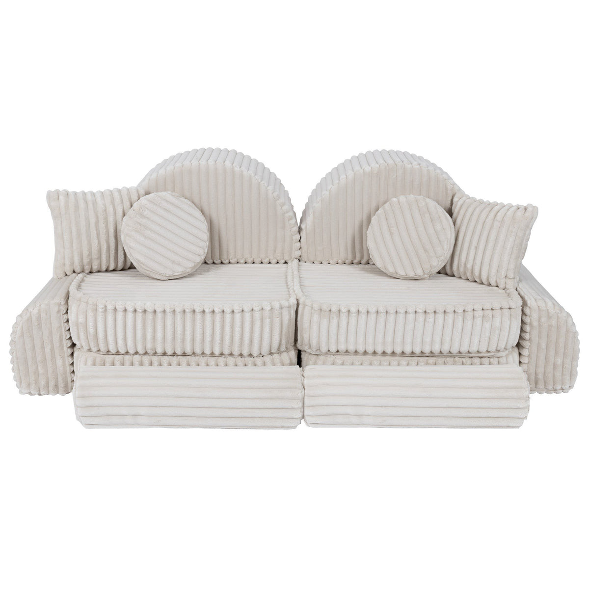 3. Medium kids sofa in churros white with ribbed corduroy fabric, featuring two seats and round cushions, arranged in a symmetrical layout.