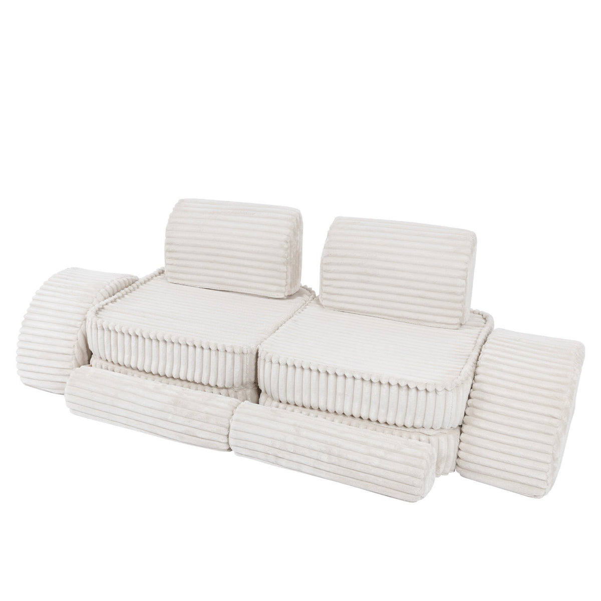 7. Medium kids sofa in churros white with ribbed corduroy fabric, featuring two seats and back cushions, arranged in a linear layout.