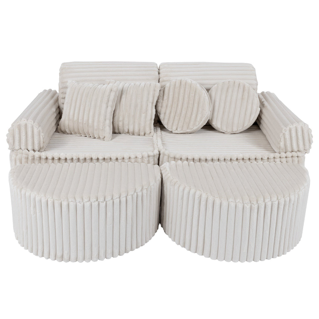 1. Medium modular kids sofa in churros white with ribbed corduroy fabric, featuring two seats and multiple cushions, shown in a compact configuration.