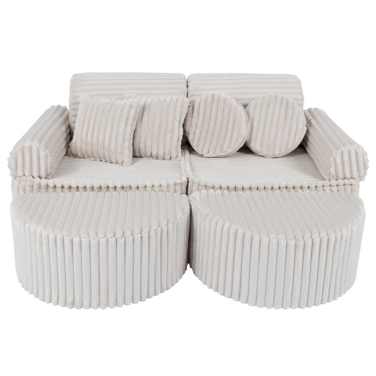 1. Medium modular kids sofa in churros white with ribbed corduroy fabric, featuring two seats and multiple cushions, shown in a compact configuration.