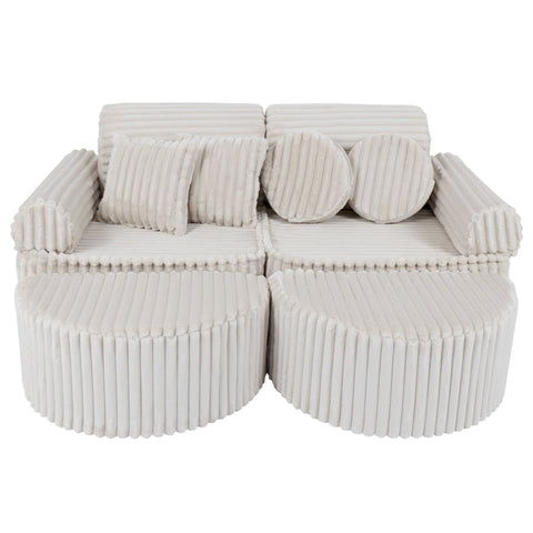 1. Medium modular kids sofa in churros white with ribbed corduroy fabric, featuring two seats and multiple cushions, shown in a compact configuration.