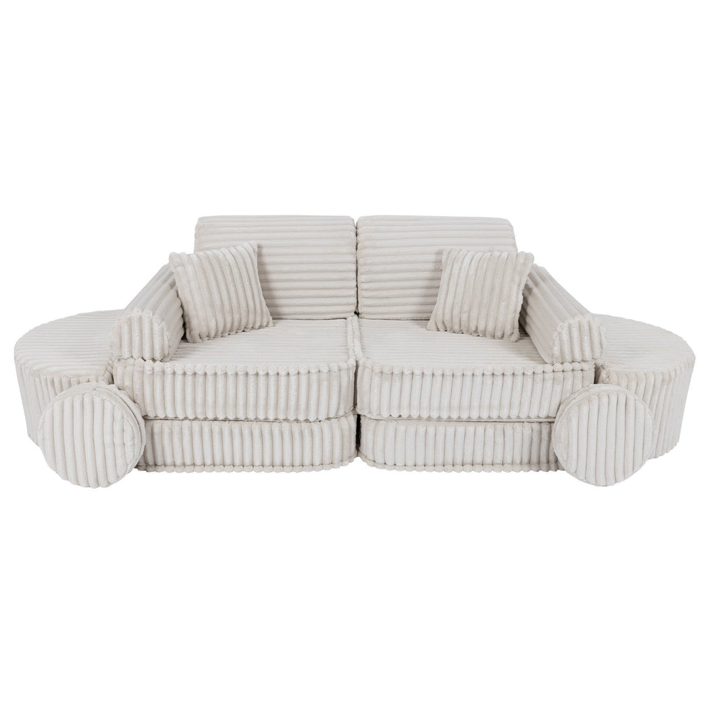 5. Medium kids sofa in churros white with ribbed corduroy fabric, featuring two seats and multiple cushions, arranged in a compact configuration.