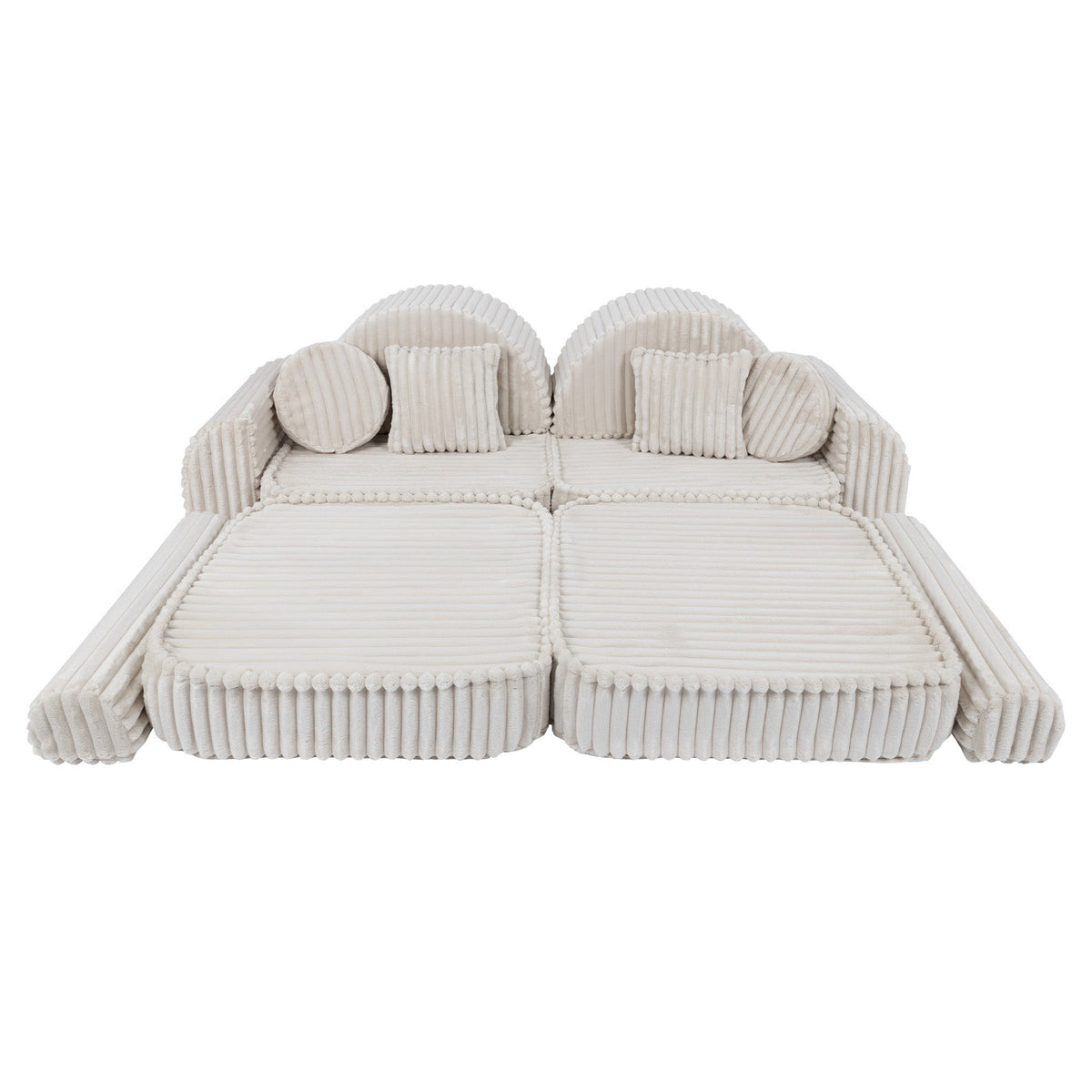 8. Medium kids sofa in churros white with ribbed corduroy fabric, featuring two seats and round cushions, arranged in a flat configuration.