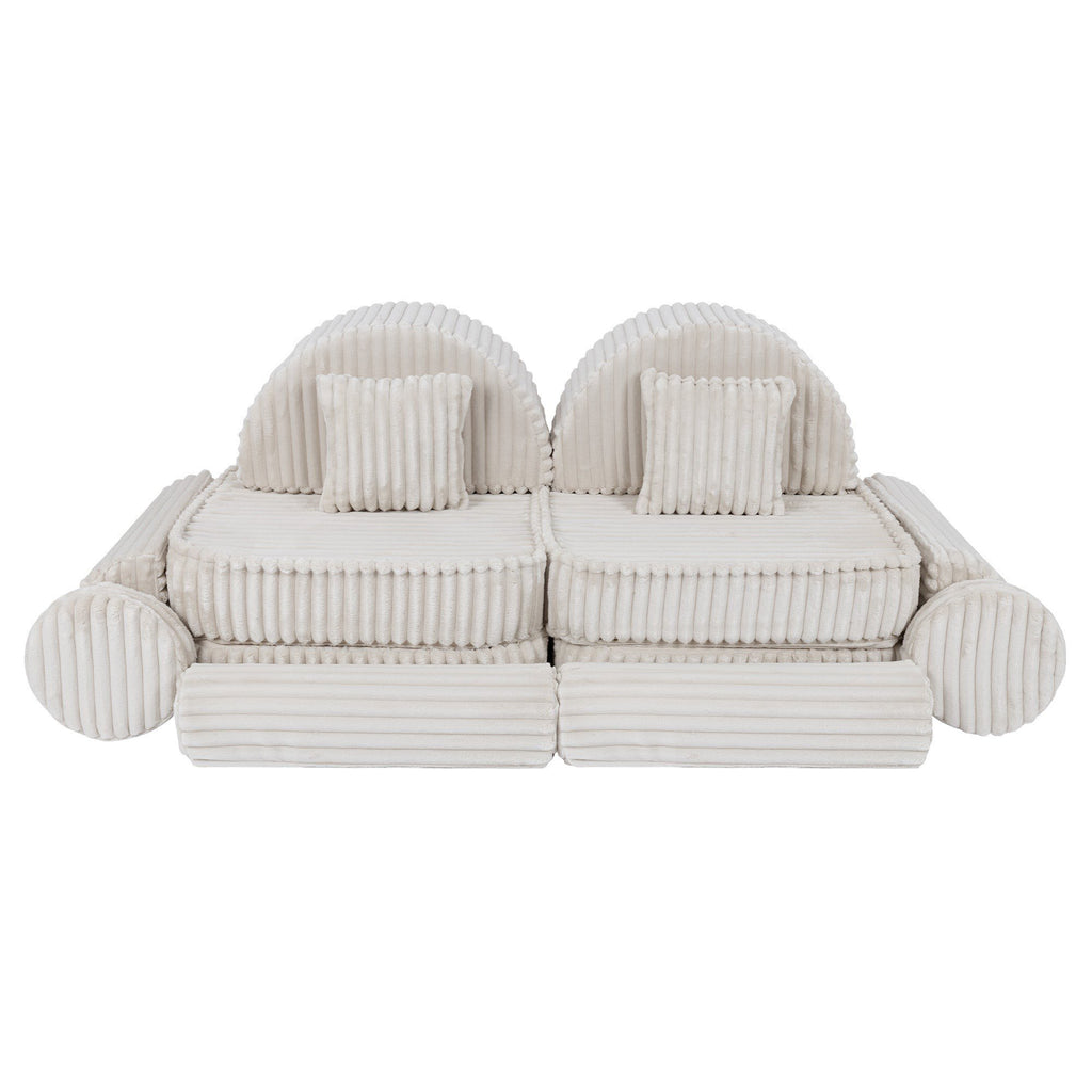 4. Medium kids sofa in churros white with ribbed corduroy fabric, featuring two seats and square cushions, arranged in a symmetrical layout.