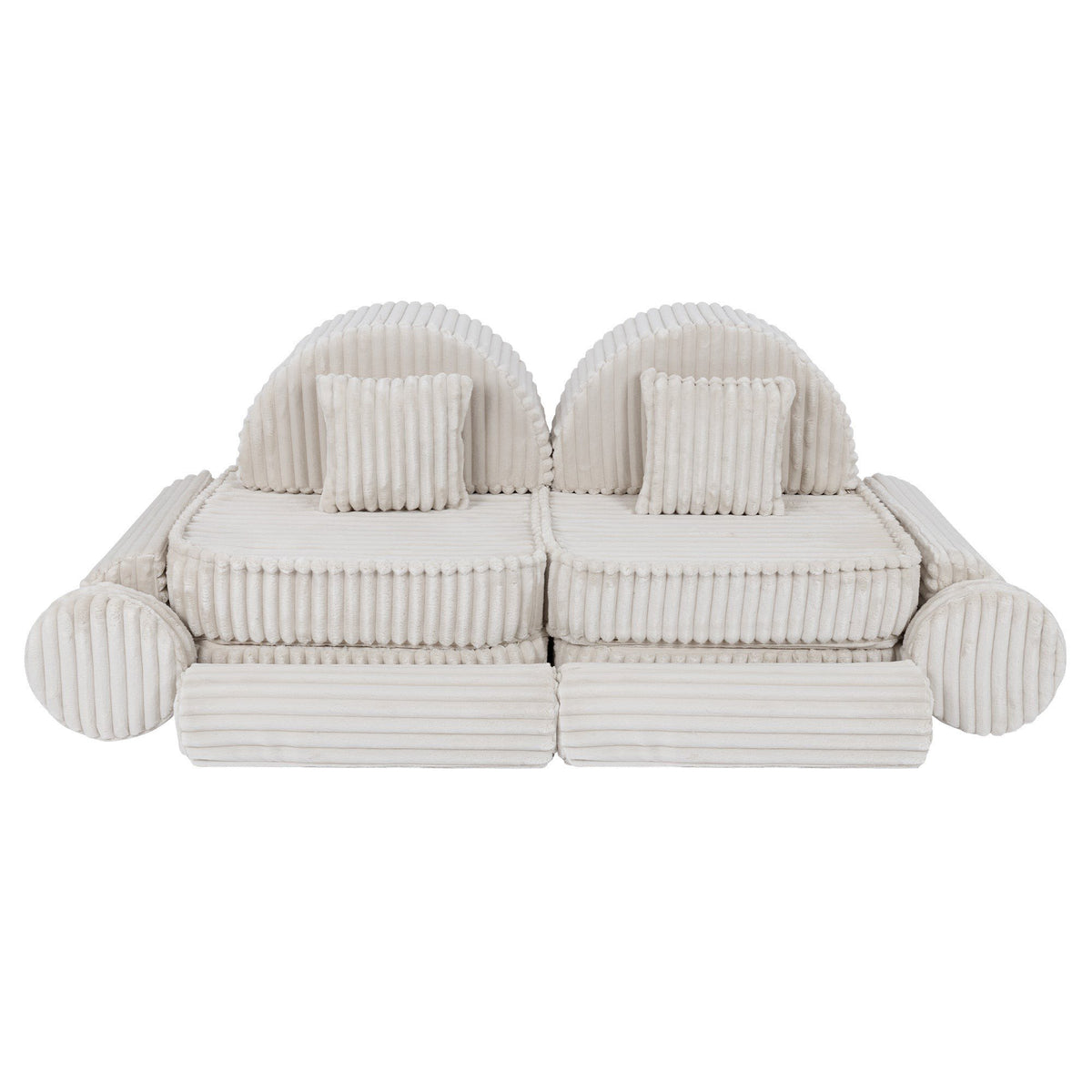 4. Medium kids sofa in churros white with ribbed corduroy fabric, featuring two seats and square cushions, arranged in a symmetrical layout.