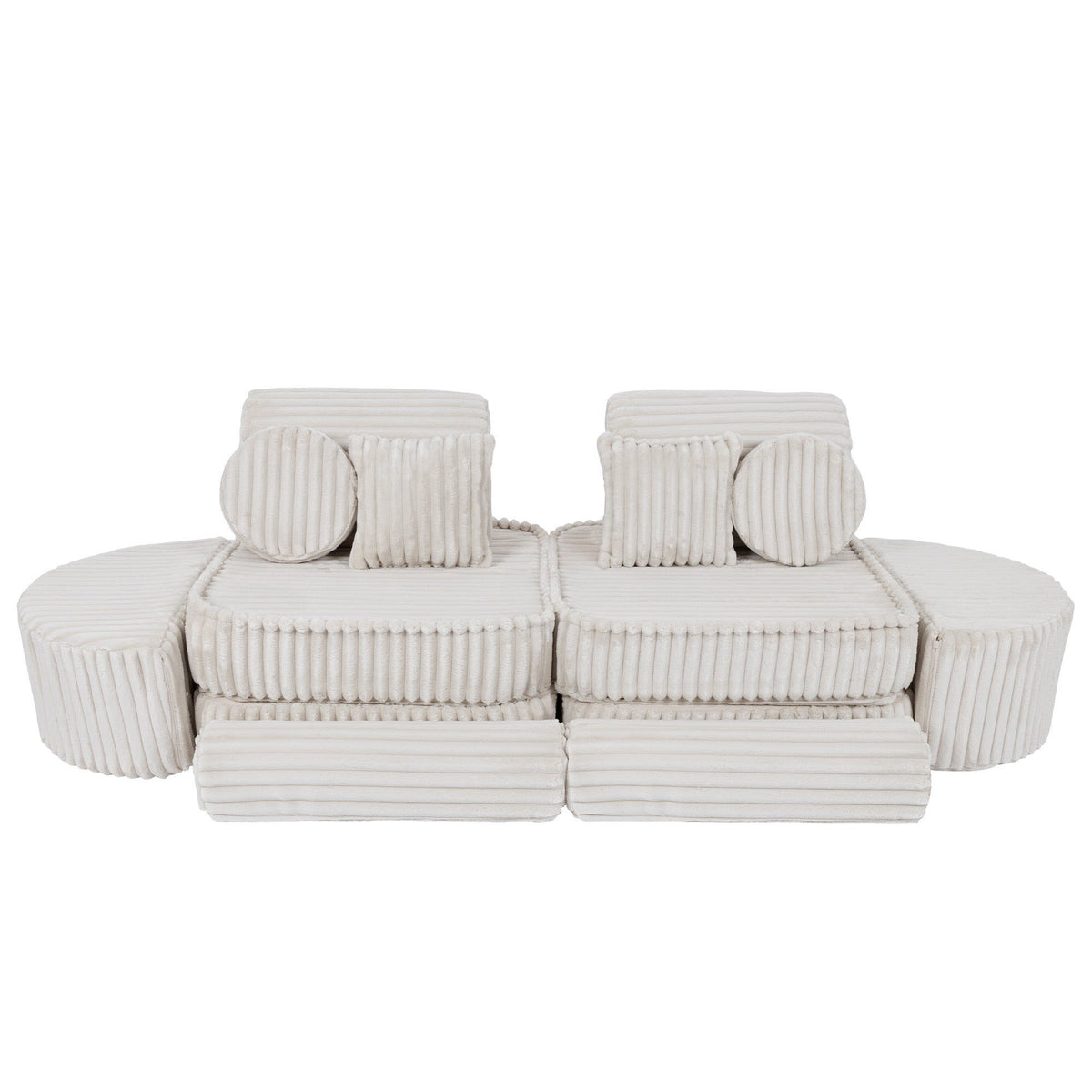 6. Medium kids sofa in churros white with ribbed corduroy fabric, featuring two seats and round cushions, arranged in a compact configuration.