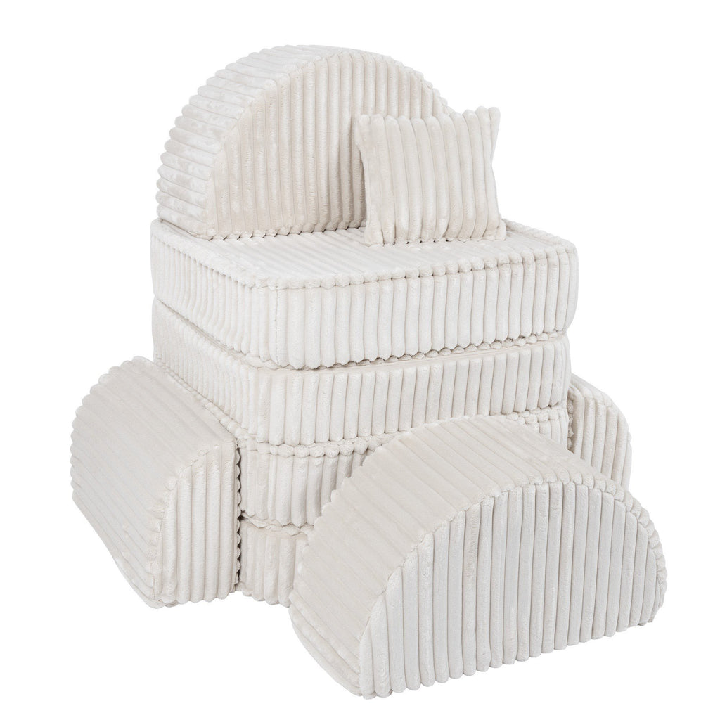 2. Stackable medium kids sofa in churros white, showcasing ribbed corduroy fabric and multiple cushions, arranged in a vertical stack.