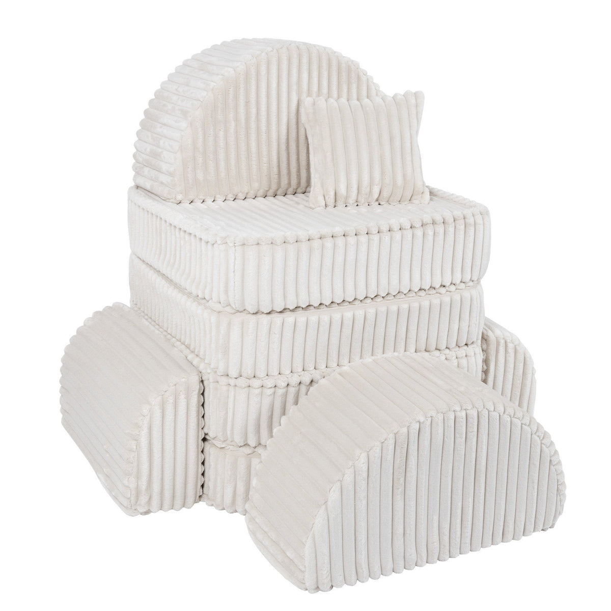 2. Stackable medium kids sofa in churros white, showcasing ribbed corduroy fabric and multiple cushions, arranged in a vertical stack.