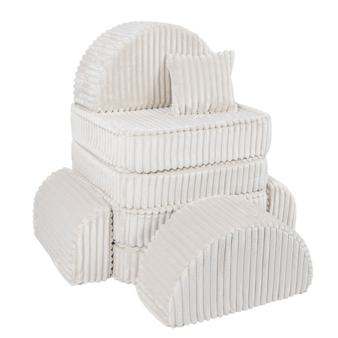 2. Stackable medium kids sofa in churros white, showcasing ribbed corduroy fabric and multiple cushions, arranged in a vertical stack.