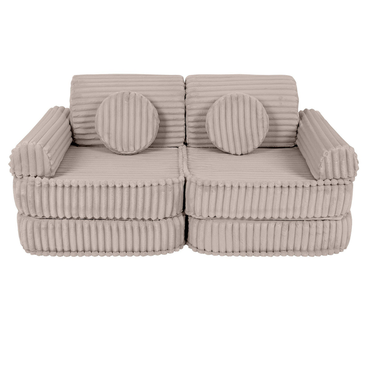 2. Beige modular kids sofa with ribbed corduroy texture and round cushions, shown in a compact configuration