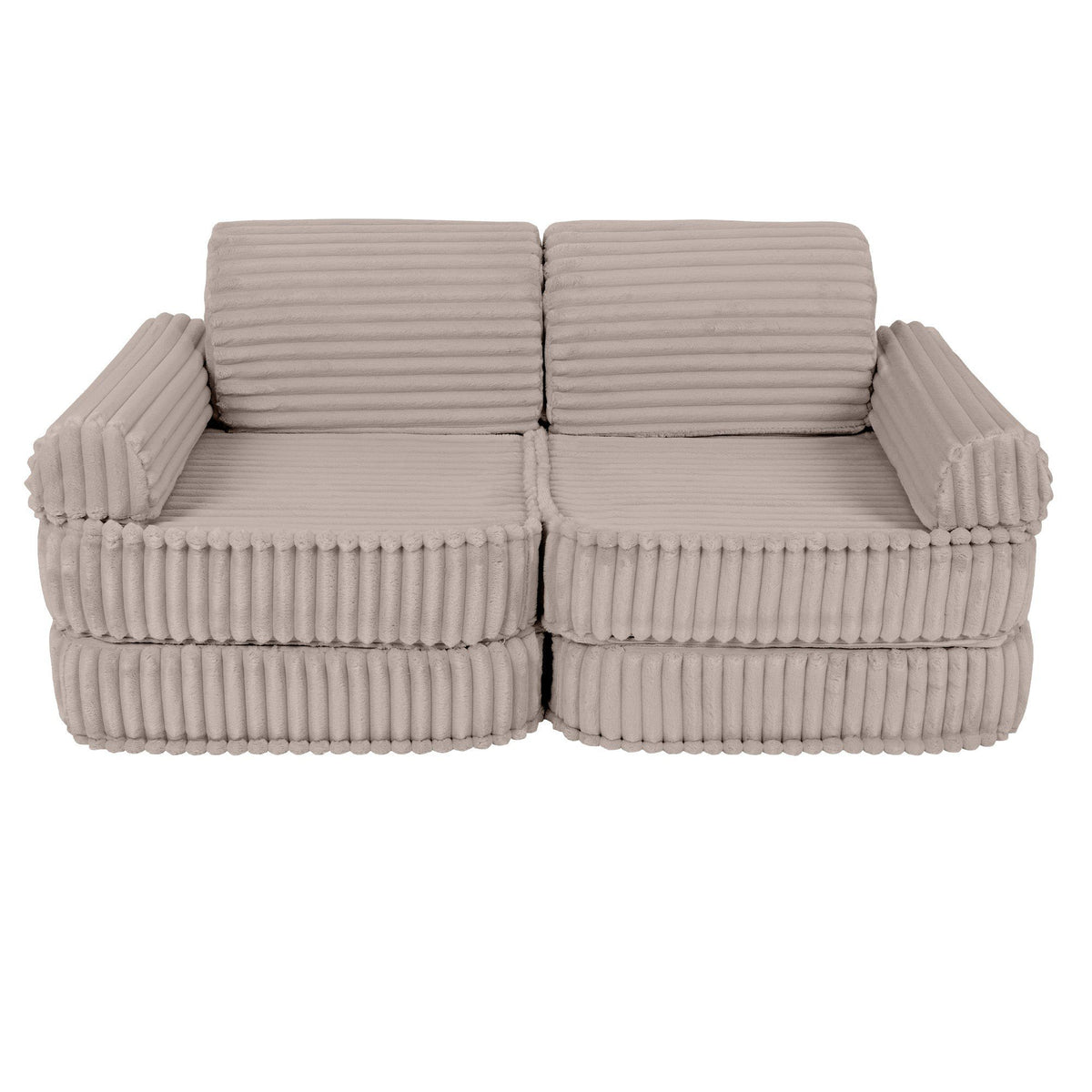 2. Beige modular kids sofa with ribbed corduroy texture, shown in a compact configuration without cushions