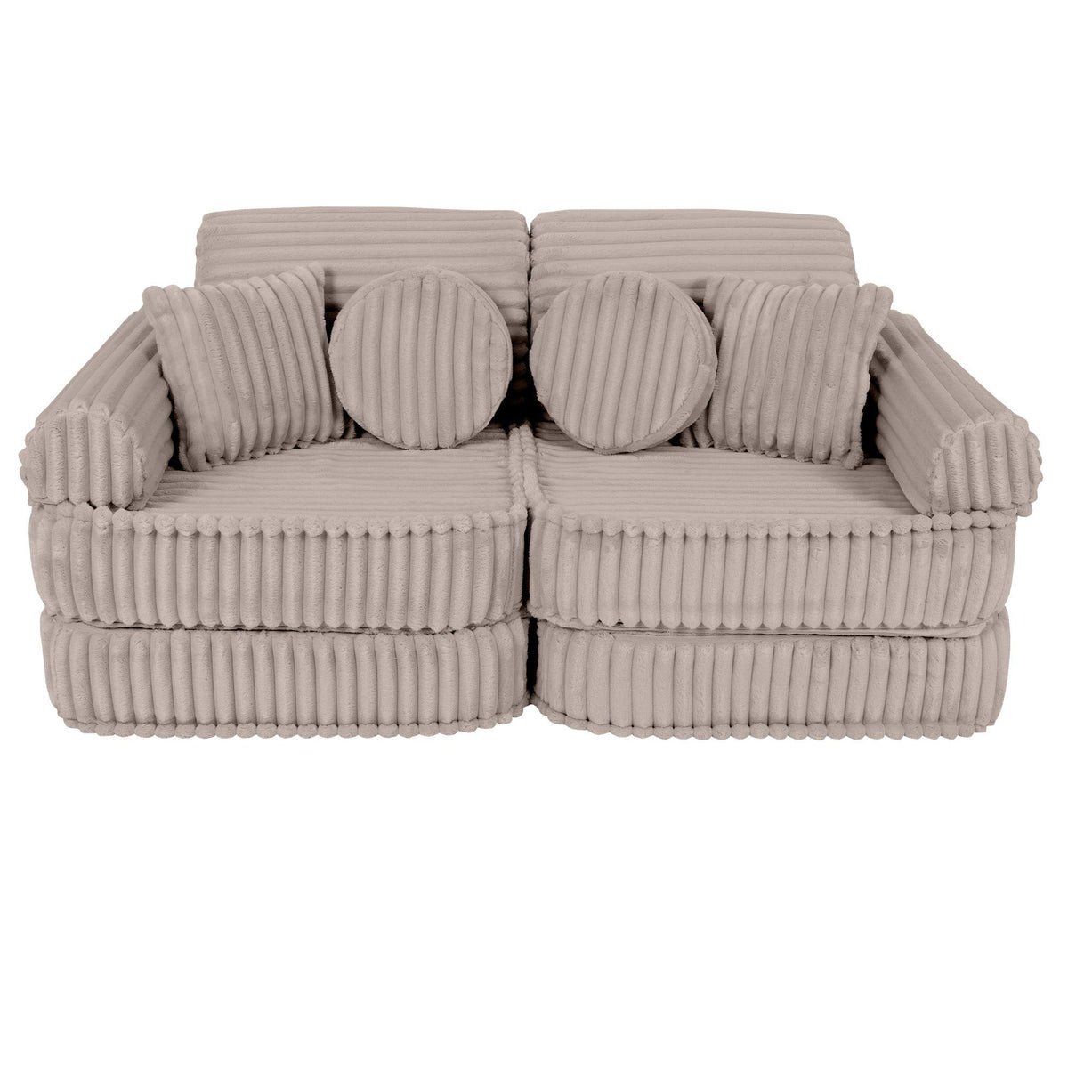 1. Beige modular kids sofa with ribbed corduroy texture and round cushions, shown in a compact configuration