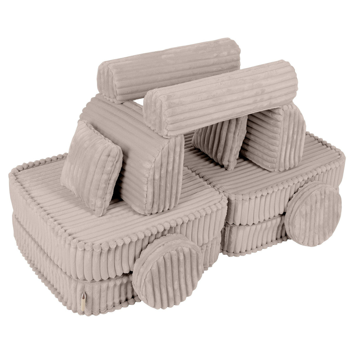 3. Beige modular kids sofa with ribbed corduroy texture, creatively arranged into a toy car shape