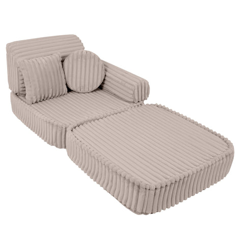 2. Beige modular kids sofa with ribbed corduroy texture, extended into a lounge chair with round and square cushions