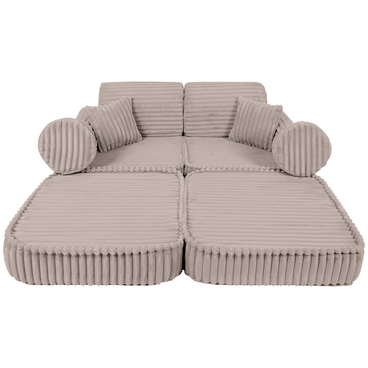 2. Beige modular kids sofa with ribbed corduroy texture, extended into a double lounge with round and square cushions